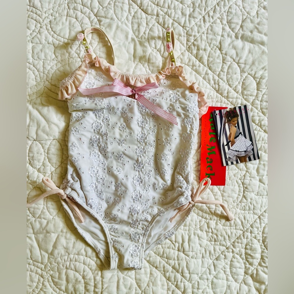 NWT Kate Mack Biscotti White Eyelet One-Piece Swimsuit with Pink Trim